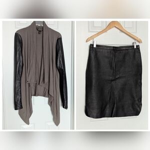 Danier Women's 2-Piece Set - Open Waterfall Cardigan & Leather Midi Pencil Skirt